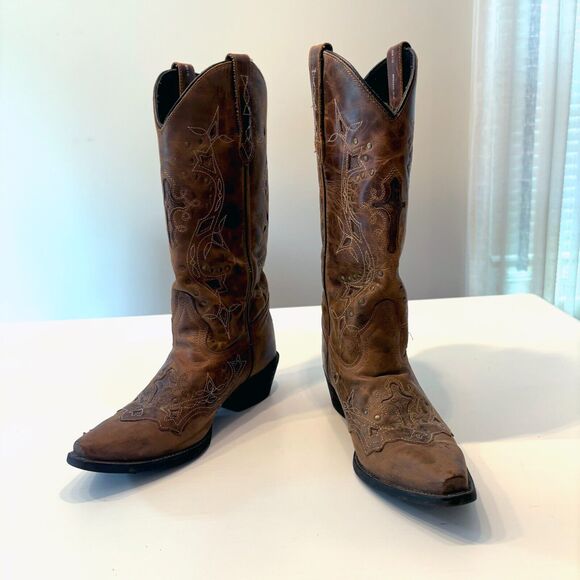 Laredo Western Women's Brown Leather Cross Point Snip Boots 52033‎ US Size 9